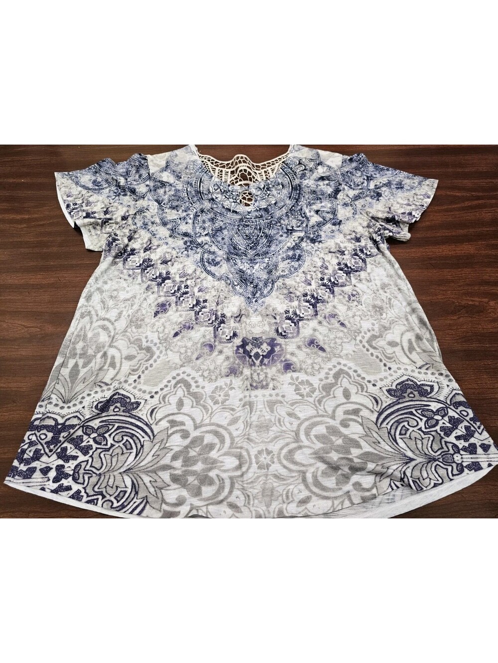 Womens Large Boho Blouse Crochet Lace Back Sequin Embellished Blue White Mandela